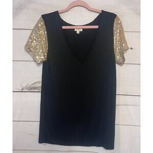 POL Black Top Gold Sequin Sleeve V Neck Rayon Blend Party Blouse Small
